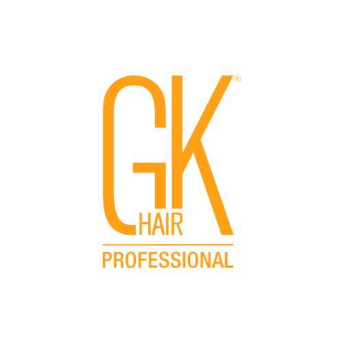 Logo of GK Hair Professional in yellow text on a green background.