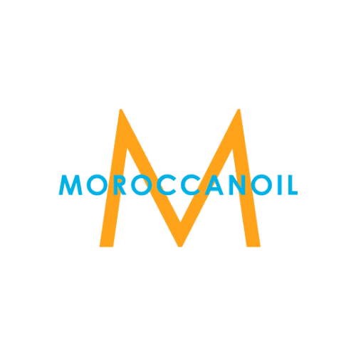 Logo of Moroccanoil with an orange "M" and blue text on a white background.